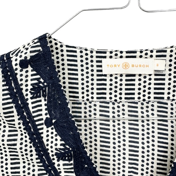 TORY BURCH Tunic Top Geometric Side Slits Long Sleeve Blue Cream - Picture 7 of 7